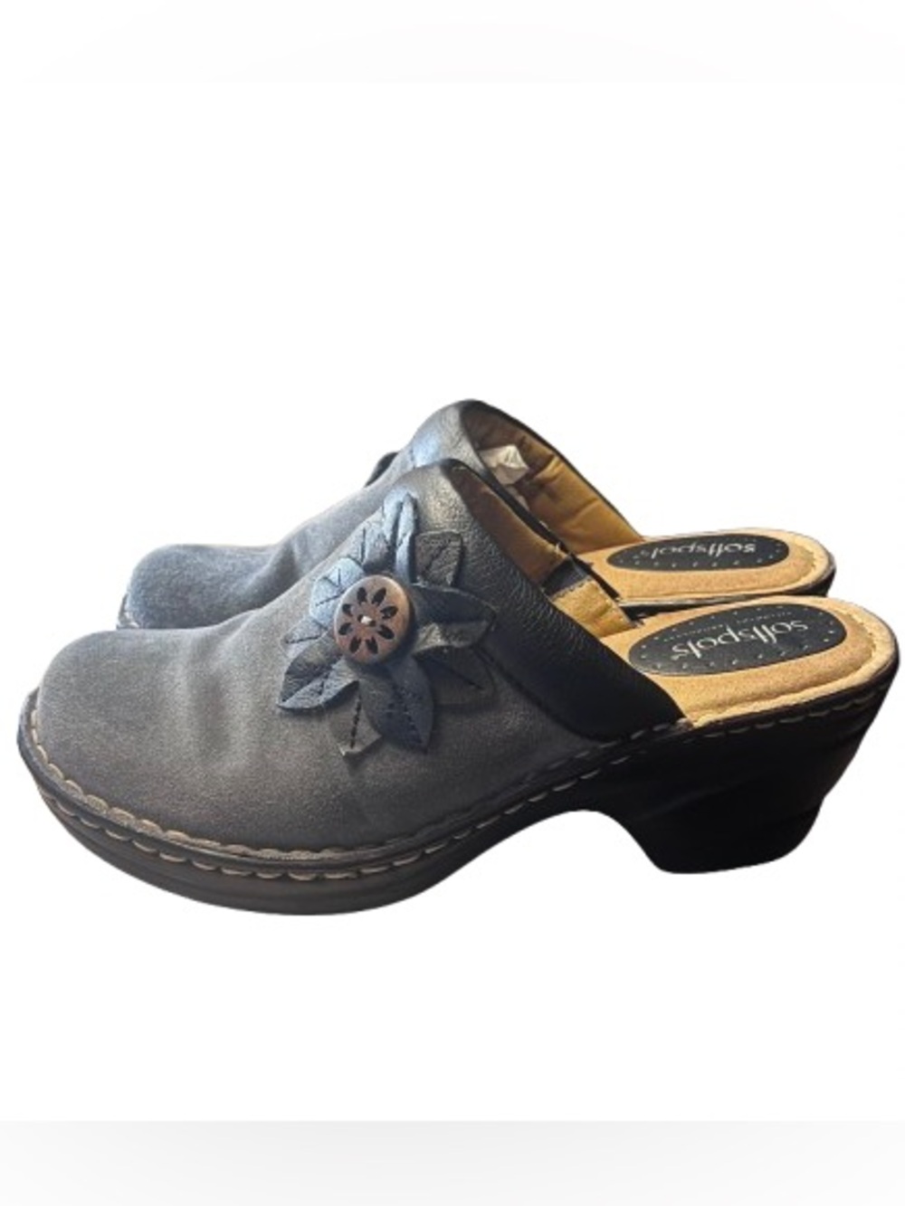 Softspots Lara Gray Suede Floral Clogs Mules VGUC Sz 7.5M